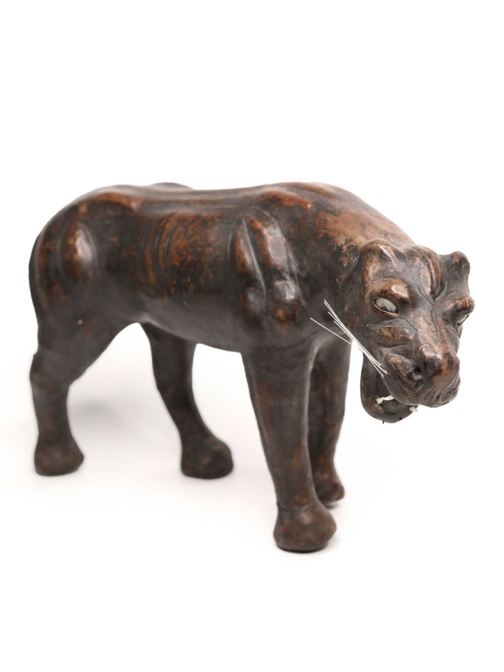 Vintage Brown Leather Wrapped Panther Sculpture Figurine Big Cat Decor Statue